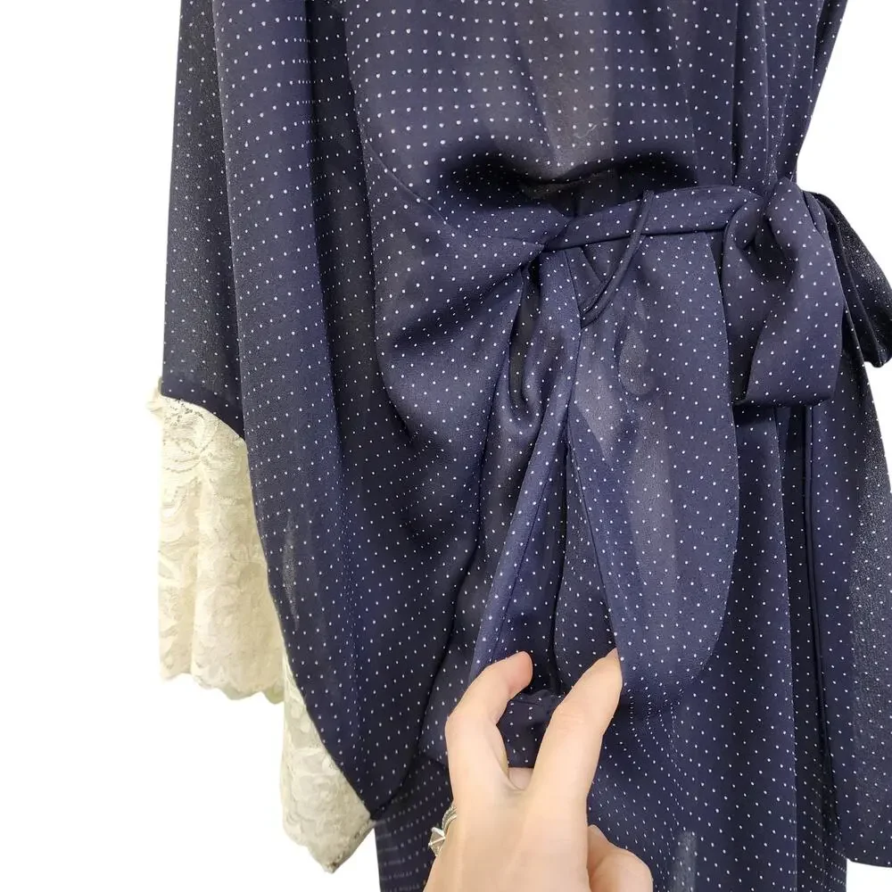 Amelias Womens Vintage Sheer Polka Dot Robe Size Large Navy Blue White Lace Cuff